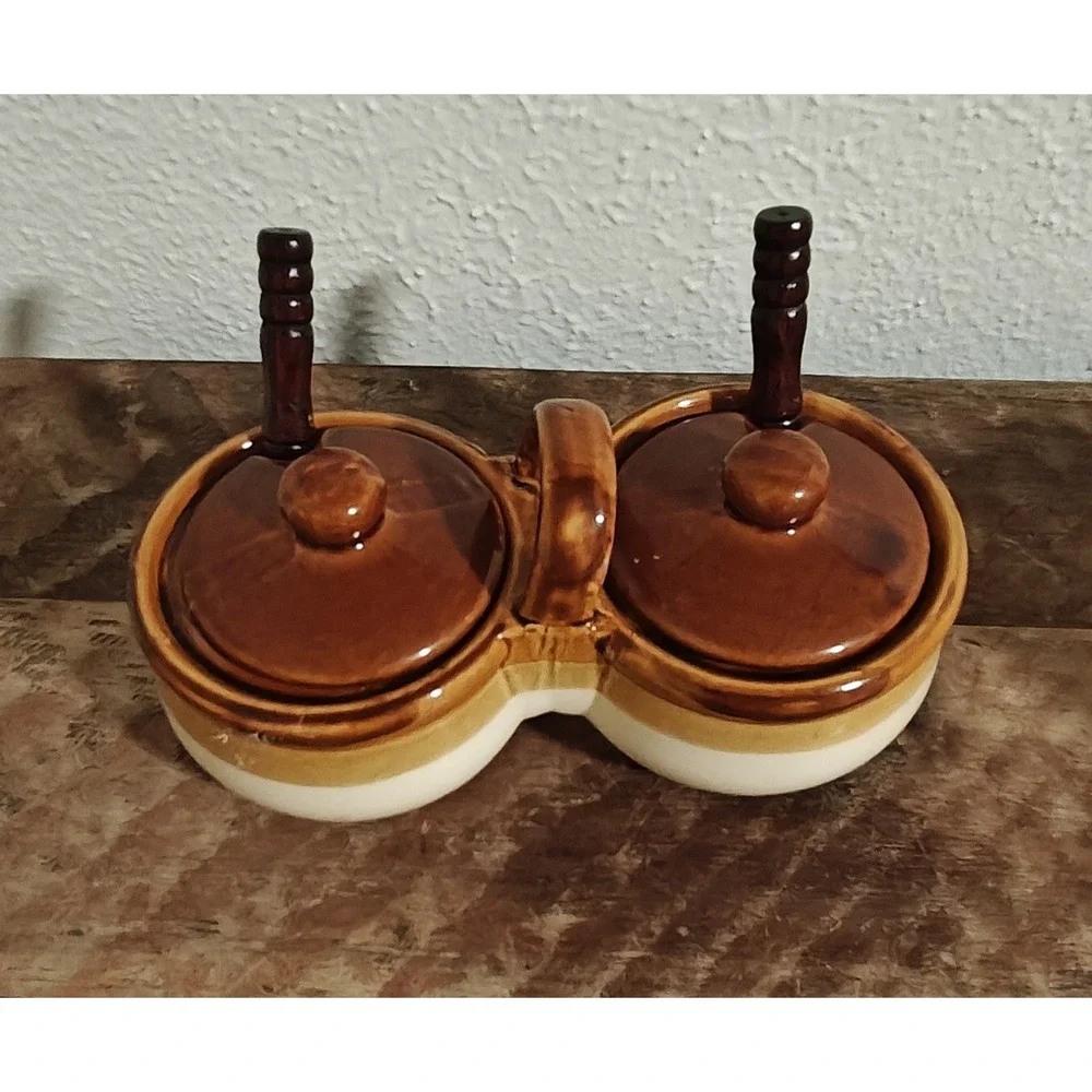 Vintage Pottery Stoneware Crock Relish Condiment Set With Lids & Original Spoons